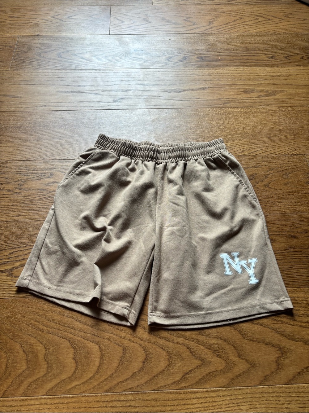 ROMWE Men's Beige Athletic Shorts with White NY Patch